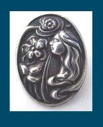 Art Nouveau Woman and Flowers in Sterling Brooch