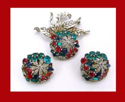 Trifari Sterling Colorful Rhinestone Pin and Earrings