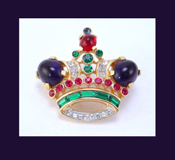 Trifari Rhinestone and Glass Cabochon Crown Pin