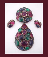 Trifari Stained Glass Cabochon Pendant, Pin, & Earrings