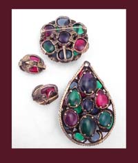 Trifari Stained Glass Cabochon Pendant, Pin, & Earrings Back
