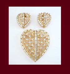 Trifari 1950s Rhinestone Heart Pin and Earrings