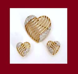 Trifari Charming Rhinestone Heart Pin and Earrings