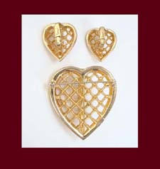 Trifari 1950s Rhinestone Heart Pin and Earrings Back