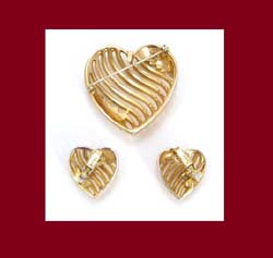 Trifari Charming Rhinestone Heart Pin and Earrings Signature
