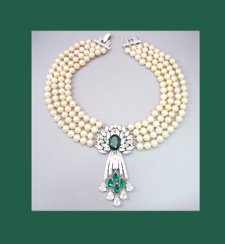 Trifari Glass Pearl and Emerald Rhinestone Necklace
