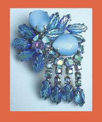 Blue Rhinestone & Molded Glass Leaves Pin