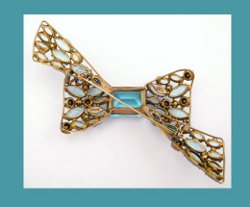 Large Vogue Sterling and Aqua Rhinestone Bow Pin Back