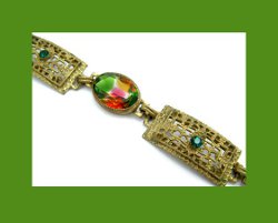 Golden Filigree and Watermelon Rhinestone Bracelet