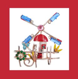 Sterling and Enamel Rhinestone Windmill Pin Front