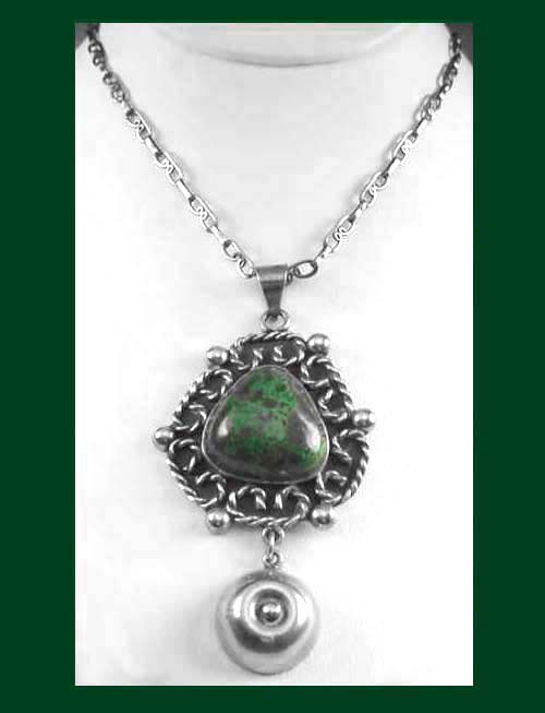 Taxco Mexico Green Turquoise Sterling Necklace Front