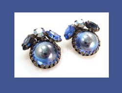 Aurora Borealis Blue Cabochon and Rhinestone Earrings