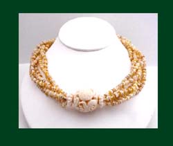 Golden Beaded Necklace with Carved Center Bead