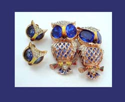 Coro Sterling and Enamel Rhinestone Owl Duette with Earrings