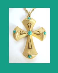 Large Turquoise Glass Cabochon Cross Pendant Close