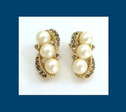 Glass Pearl and Black Diamond Rhinestone Earrings