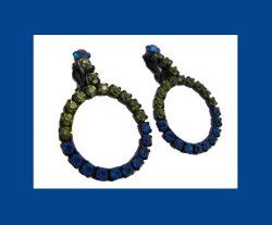 Blue and Olivine Rhinestone Hoop Earrings