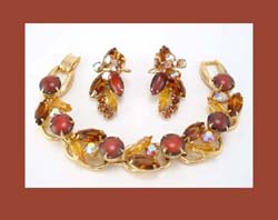 Rhinestone and Art Glass Cabochon Bracelet and Earrings