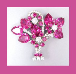 Juliana, DeLizza and Elster Fuchsia Rhinestone Flower Basket Pin 