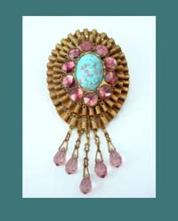 Lace Brass, Glass Amethyst Briollettes, and Rhinestone Brooch
