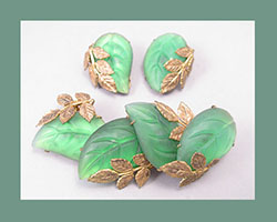Josef Morton Luminescent Green Leaves Brooch and Earrings Front