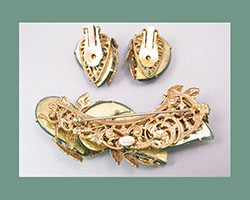 Josef Morton Luminescent Green Leaves Brooch and Earrings Signature
