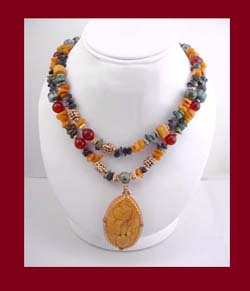 Vibrant Array of Colored Beads & Carved Pendant Necklace