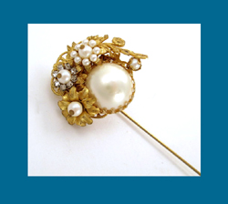 Glass Pearl and Filigree Large Stick Pin Close