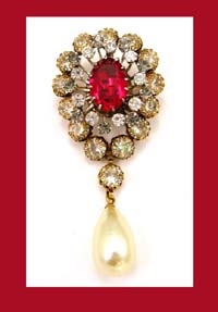 Incredible Ruby Red Rhinestone with Glass Pearl Dangle Pin