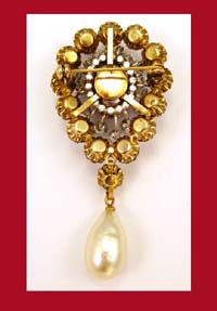 Ruby Red Rhinestone with Glass Pearl Dangle Pin Back